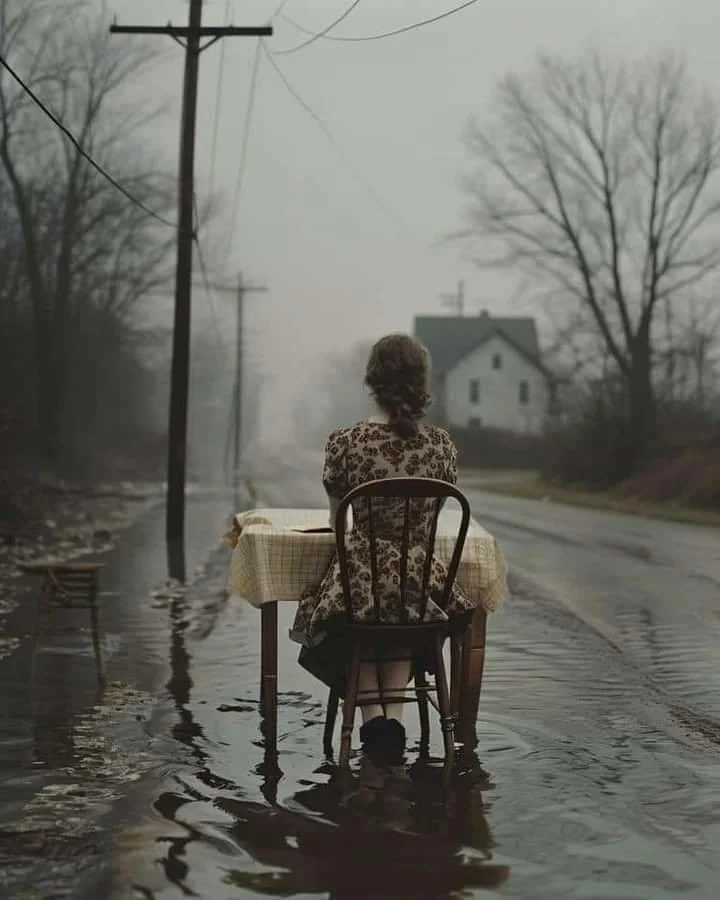 The image shows a woman sitting alone at a table outdoors. She is wearing a dark brown dress with a floral pattern and gazes down a road that leads into a misty background. The mood is melancholic and solitary. The contrast between the lonely figure and the wide, empty road emphasizes a sense of isolation and abandonment. The flooded stretch of road intensifies this feeling of despair and loss. The grey, almost monochrome colour palette contributes to the bleak atmosphere.